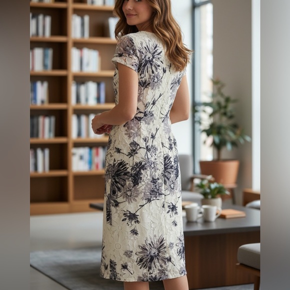 Liz Claiborne White and Purple Floral Midi Dress size 12 lined - Picture 4 of 8